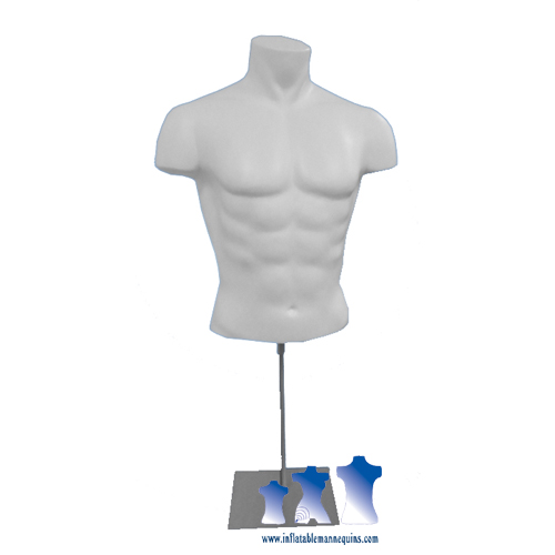 Deluxe Male Torso FormHard Plastic Male Fullround Torso, White, w/ Stand Insert Location and Accompanying Stand